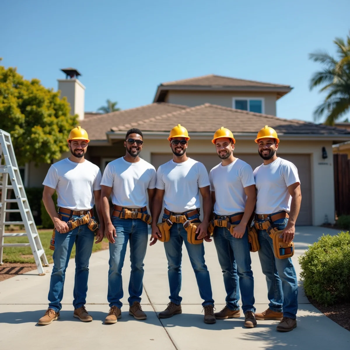 A local Wednora Roofers crew standing together on a residential driveway