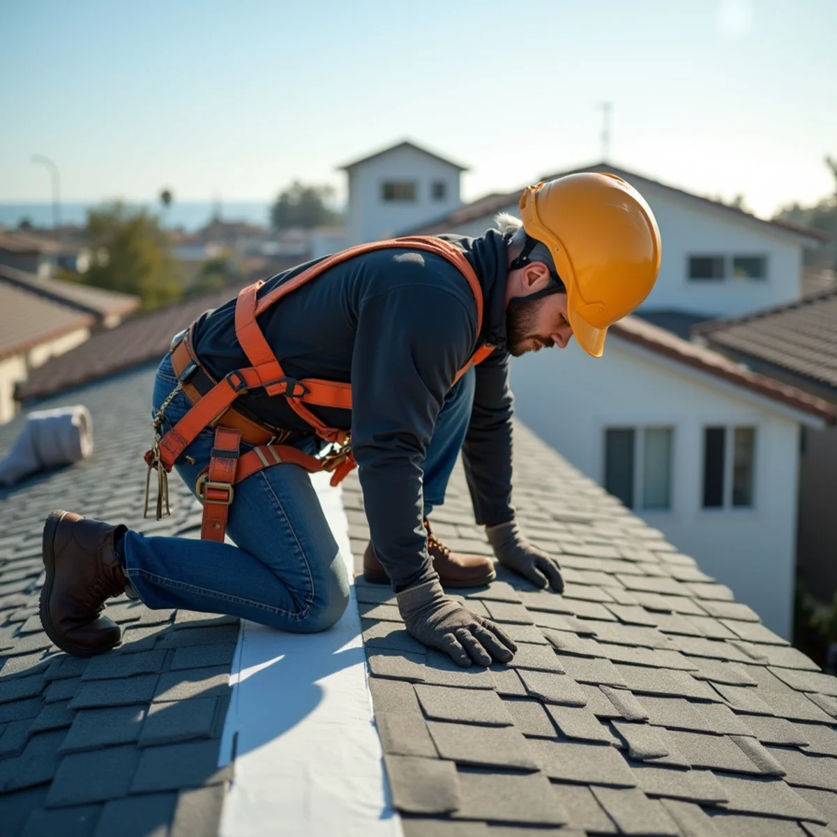 Roofer installing an asphalt shingle over synthetic underlayment.