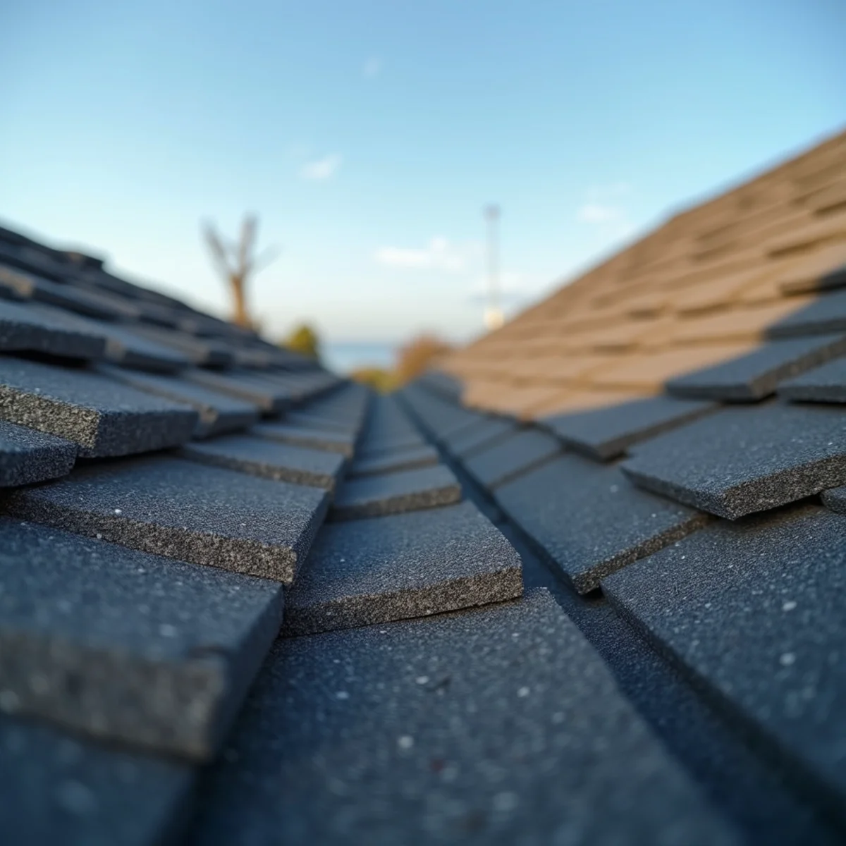 Close-up of architectural asphalt shingles on a residential roof.