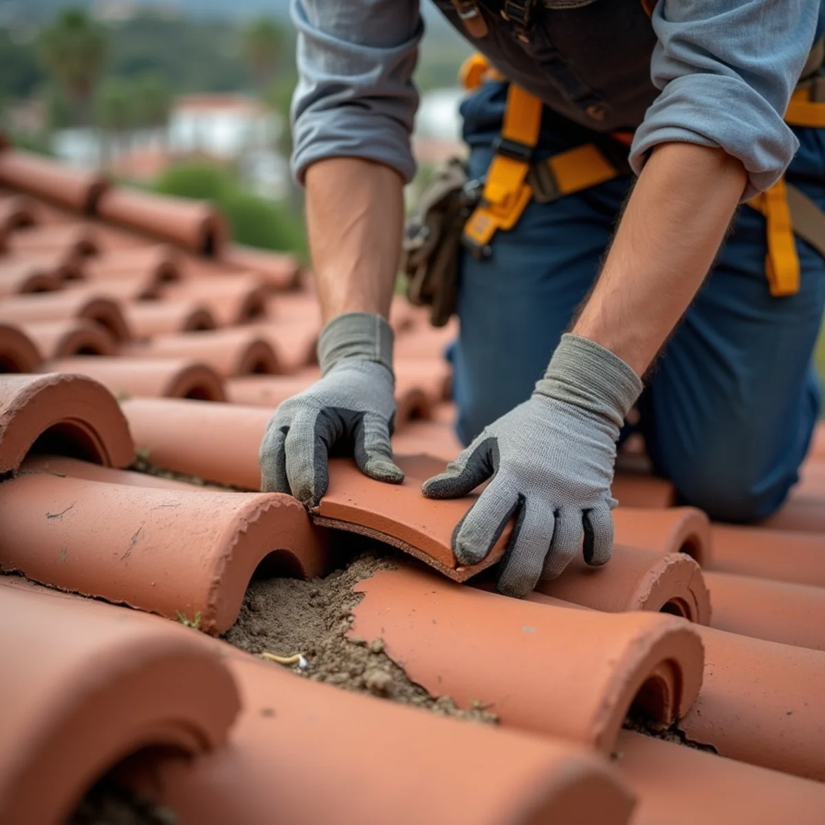 Roofer replacing a cracked clay barrel tile over exposed underlayment.