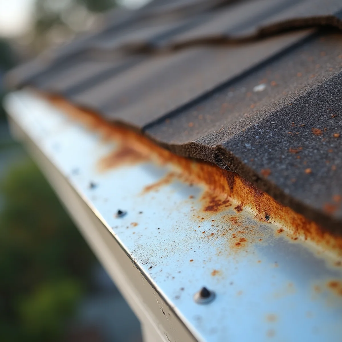 Rusted old flashing next to a new stainless flashing strip on a coastal roof eave.