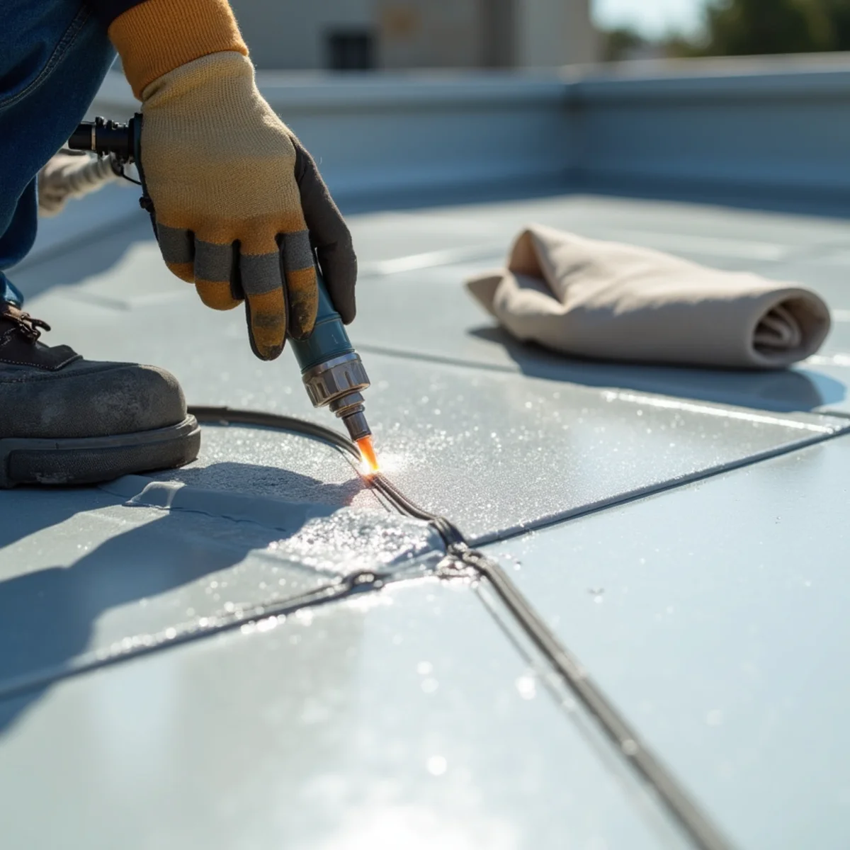Hot-air welder fusing a TPO membrane seam on a low-slope commercial roof.