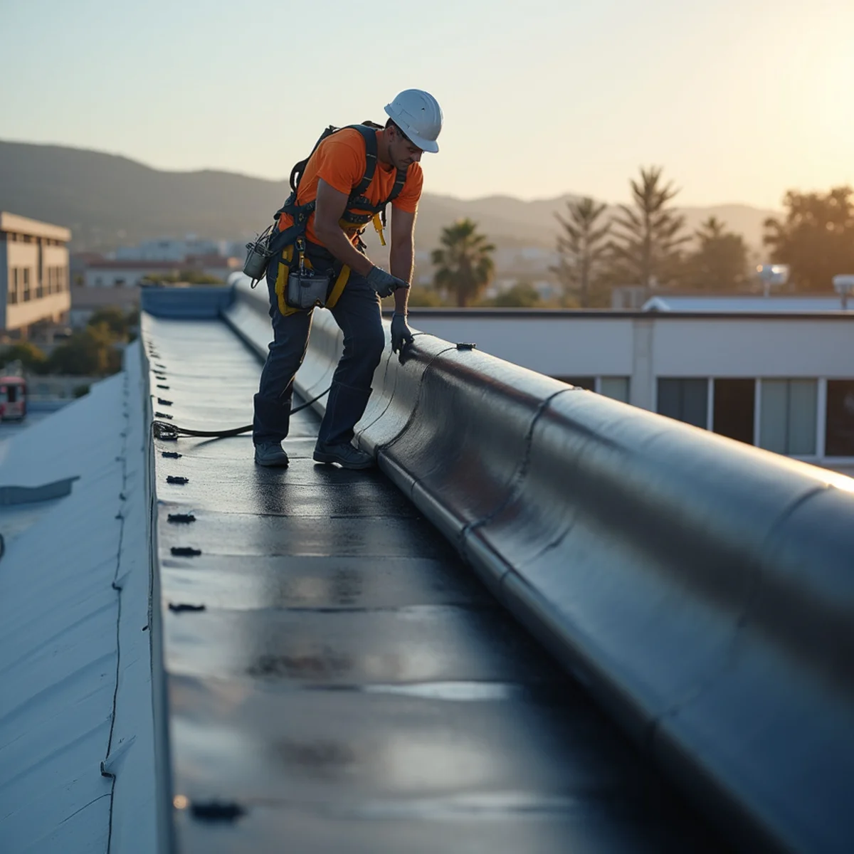 Self-adhered modified bitumen membrane being rolled out along a commercial parapet wall.