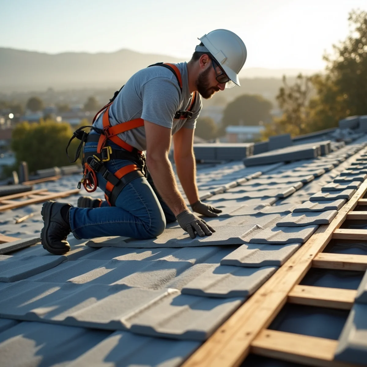 Roofer installing concrete tiles over wood battens and underlayment.