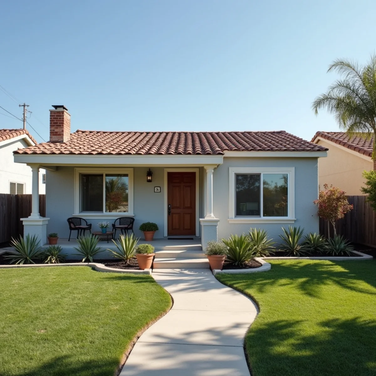 A welcoming North County coastal home with a clean tile roof