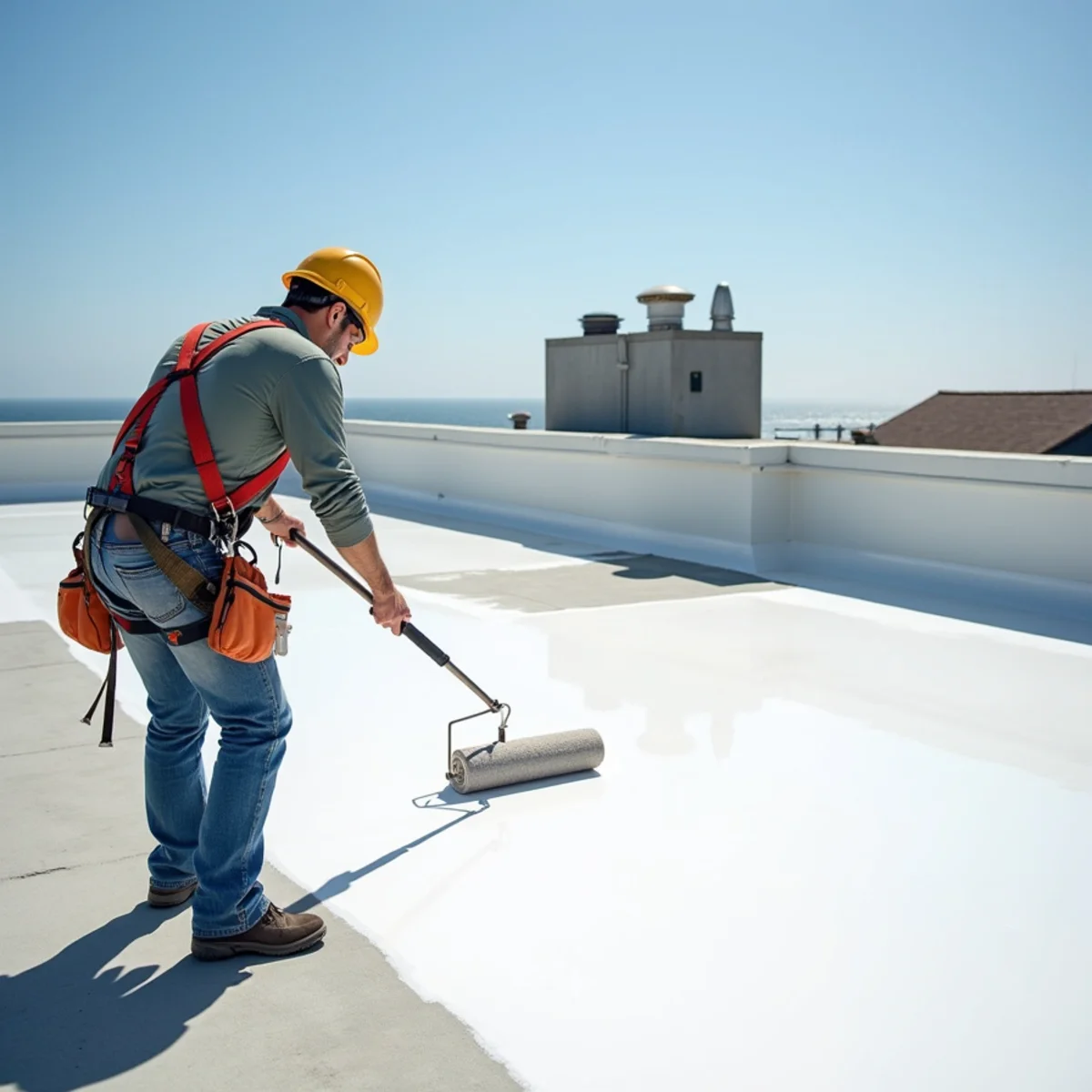 Roofer applying reflective white coating across a flat rooftop.