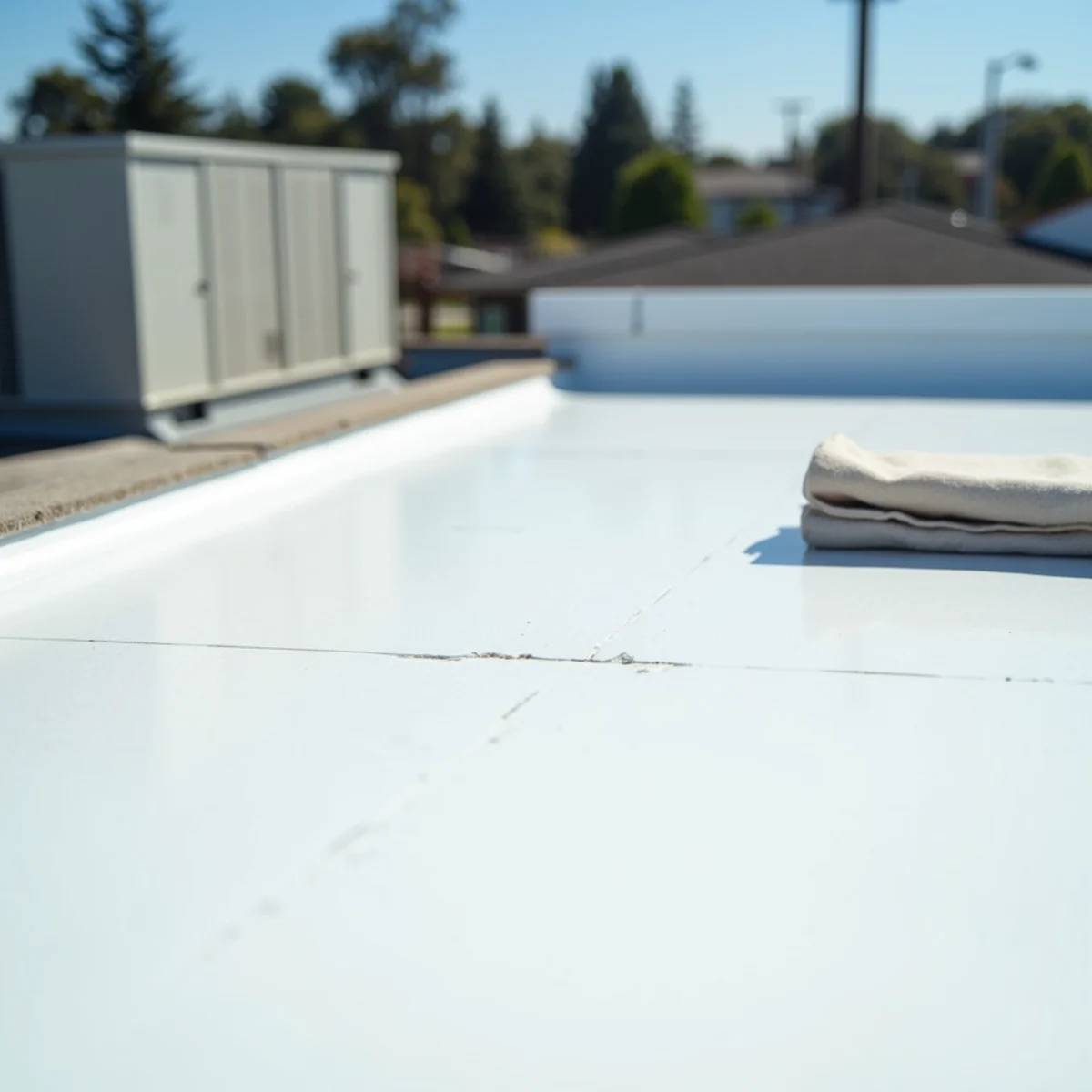 White TPO membrane flat roof with heat-welded seam and parapet scupper drain.