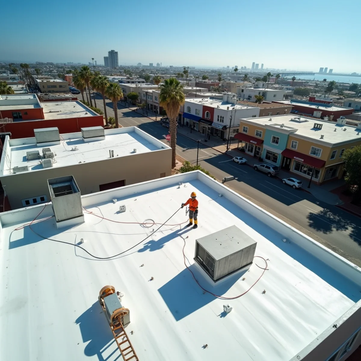 Downtown Oceanside mixed-use buildings with flat commercial roofs.
