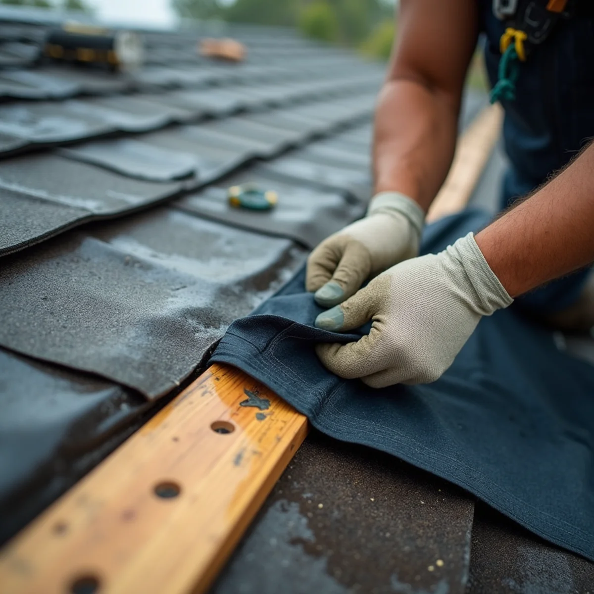 Gloved hands fastening a tarp edge to a wood batten strip on an undamaged part of the roof.