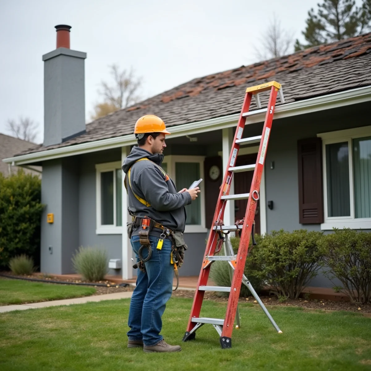 Roofer safely photographing lifted and missing shingles from the ground beside a ladder after wind.