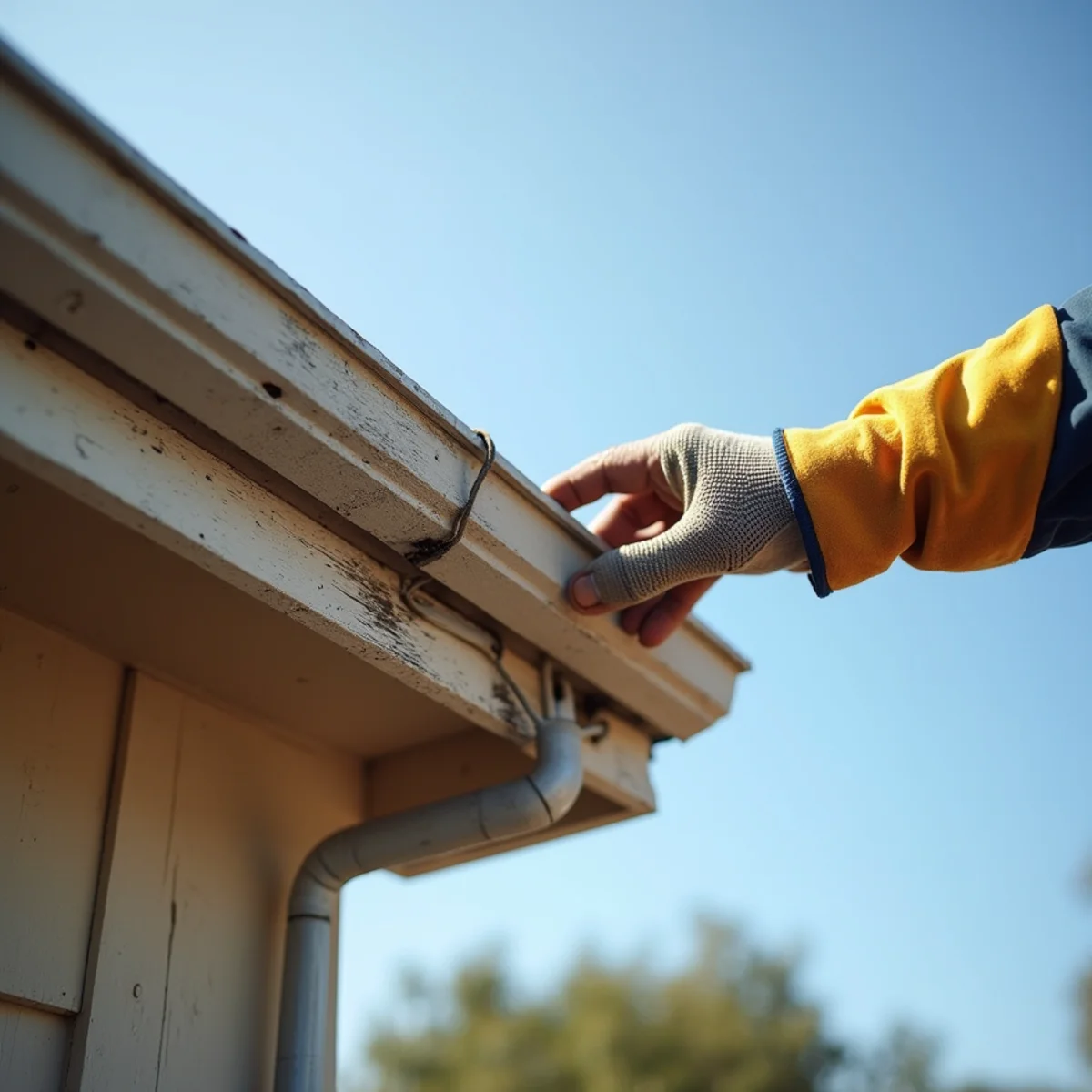 Fascia and soffit inspection along a roof edge.