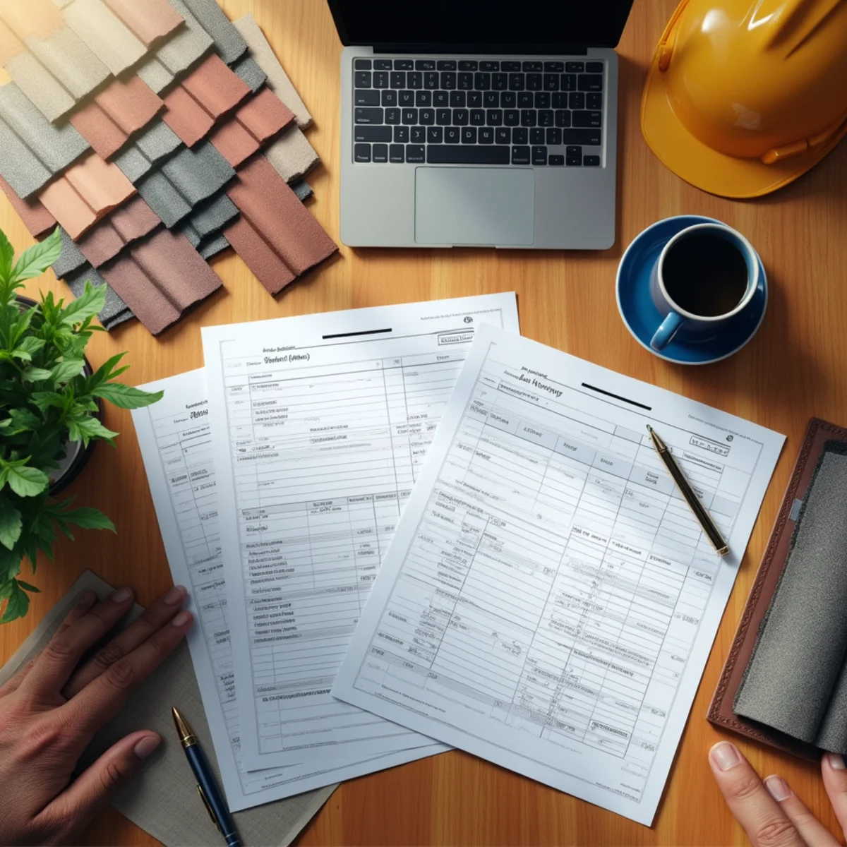 Roofing project planning documents, samples and a calculator laid out on a table