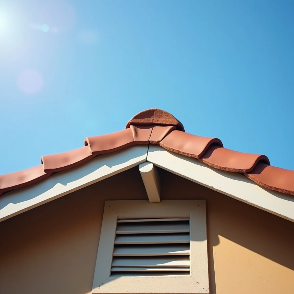 Continuous ridge vent along the peak of a ranch-style concrete tile roof.