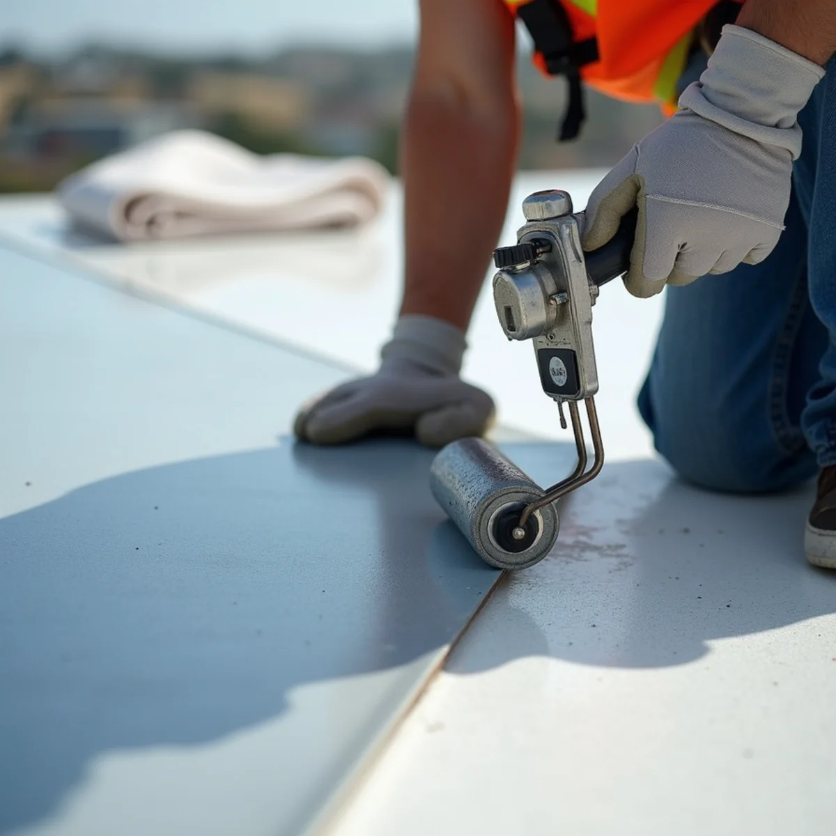 Gloved hands hot-air welding and rolling the overlapped seam of two TPO membrane sheets on a flat roof.