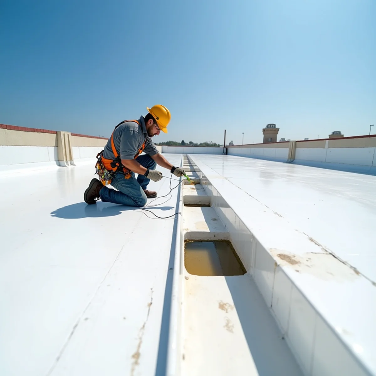 Repair of a flat low-slope membrane roof section.
