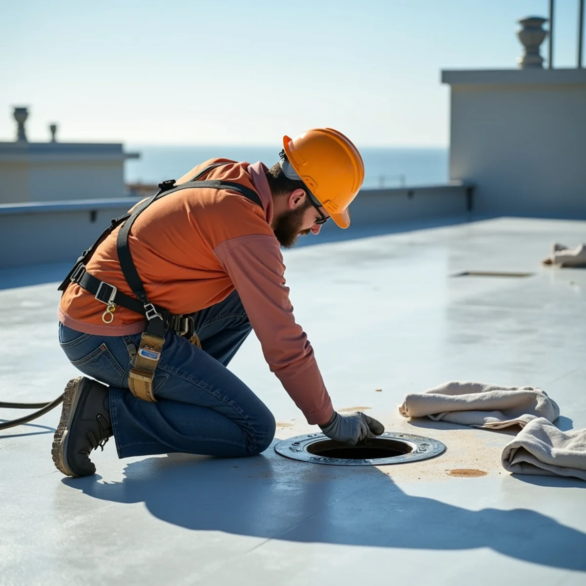 Roofer detailing membrane flashing around a low-slope roof drain.