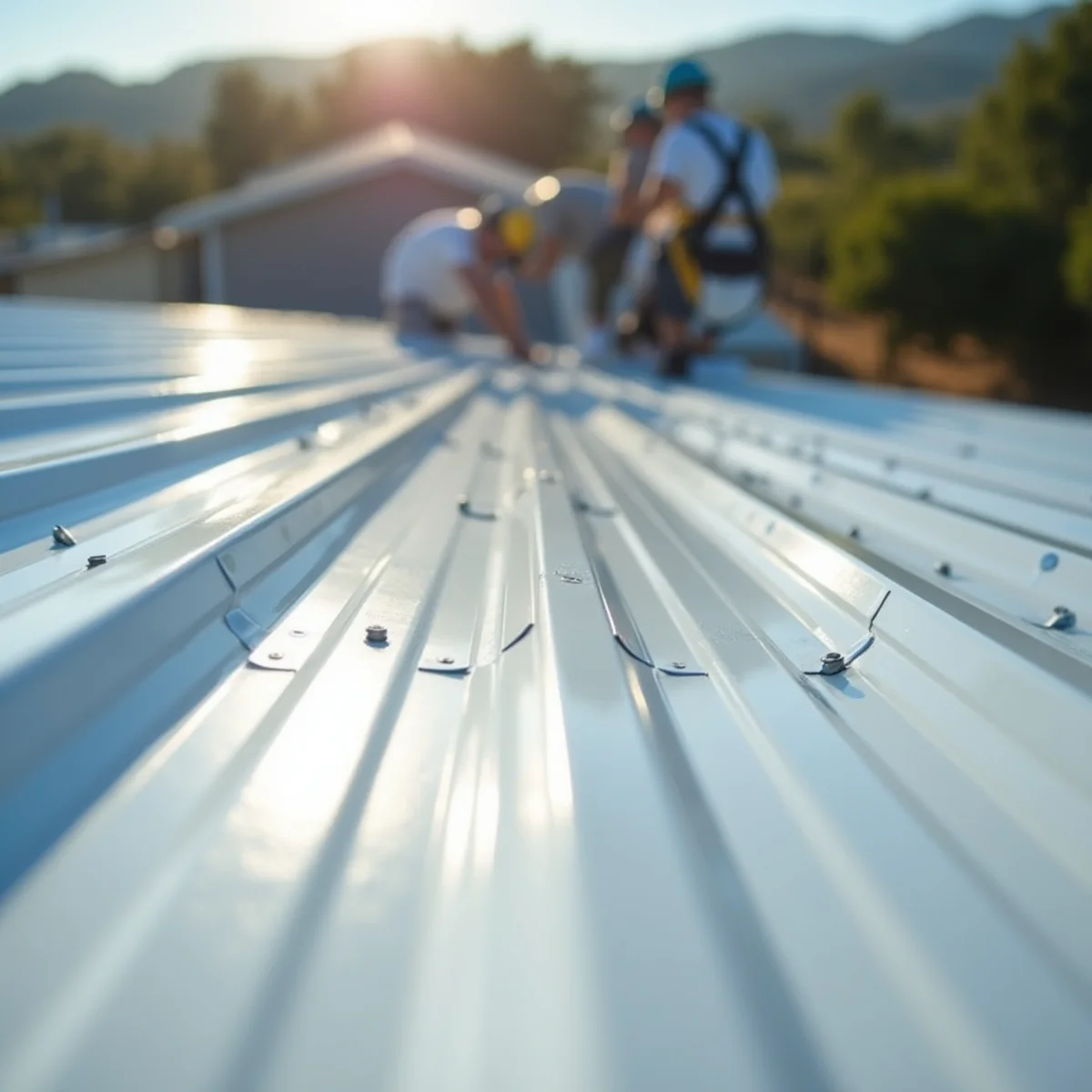 Light standing-seam metal roofing panels with concealed fasteners on a rural home.