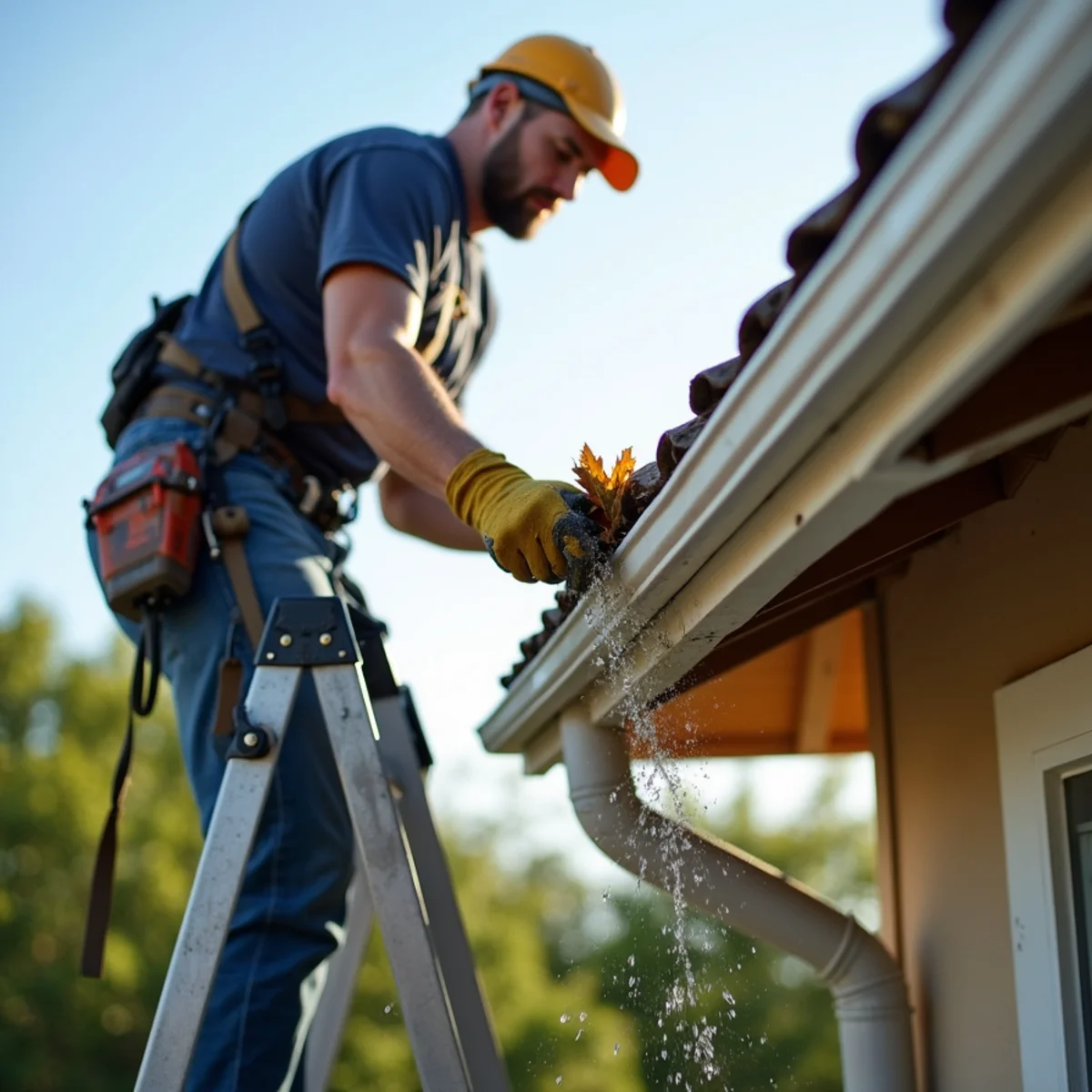 Gutter and downspout inspection along a home's roofline.