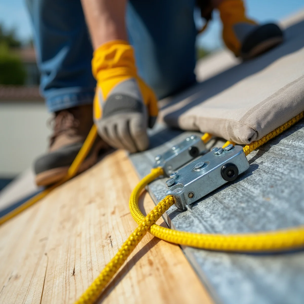 Roof-mounted safety anchor with a yellow lifeline clipped through it on new underlayment