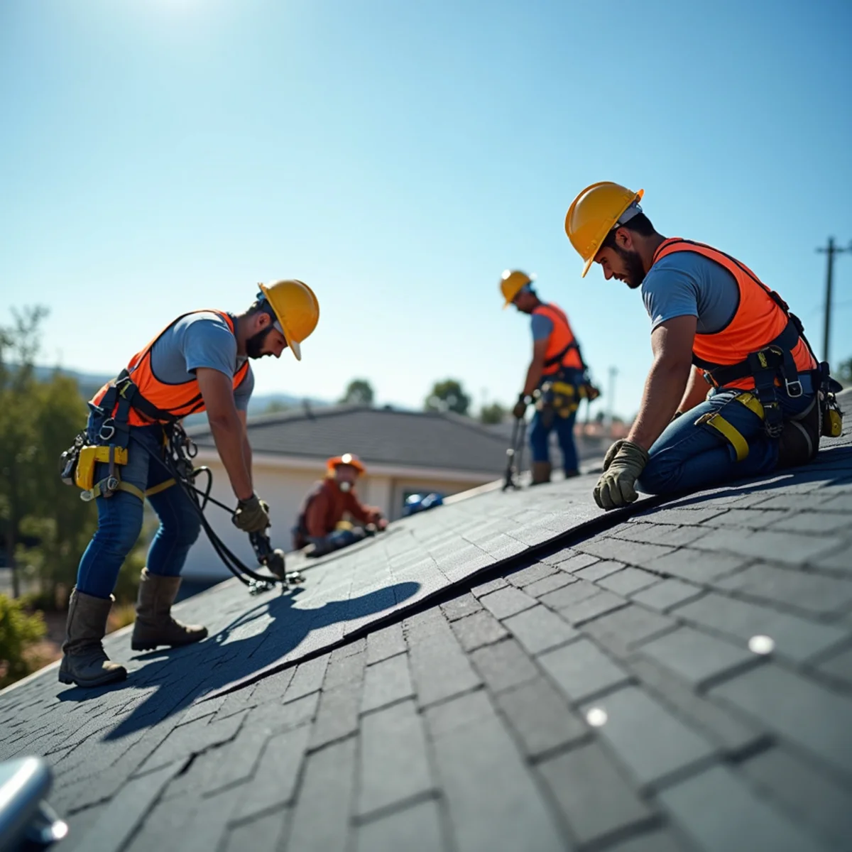 Roofing crew using fall protection while working on a residential roof