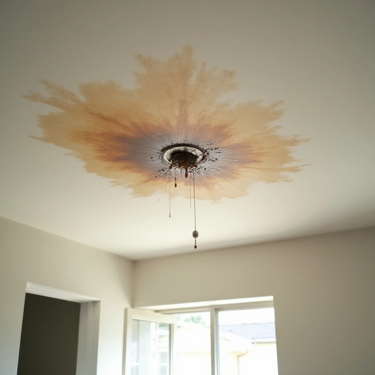 Brown water stain spreading across an interior ceiling with a bucket on the floor.