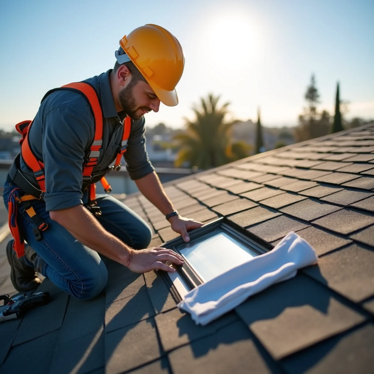 Harnessed roofer installing a low-profile attic vent on a shingle roof.