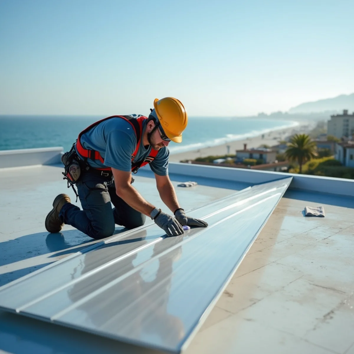 Roofer aligning and seaming a standing-seam metal panel.