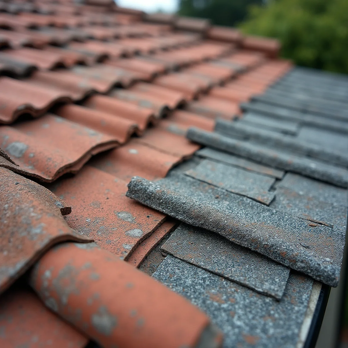 Concrete tile roof section beside an asphalt shingle slope on an established home.