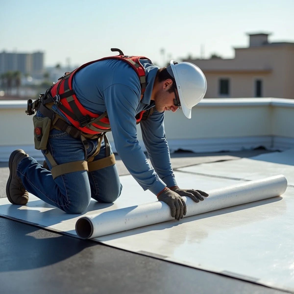 Roofer installing a self-adhered modified bitumen sheet without flame.