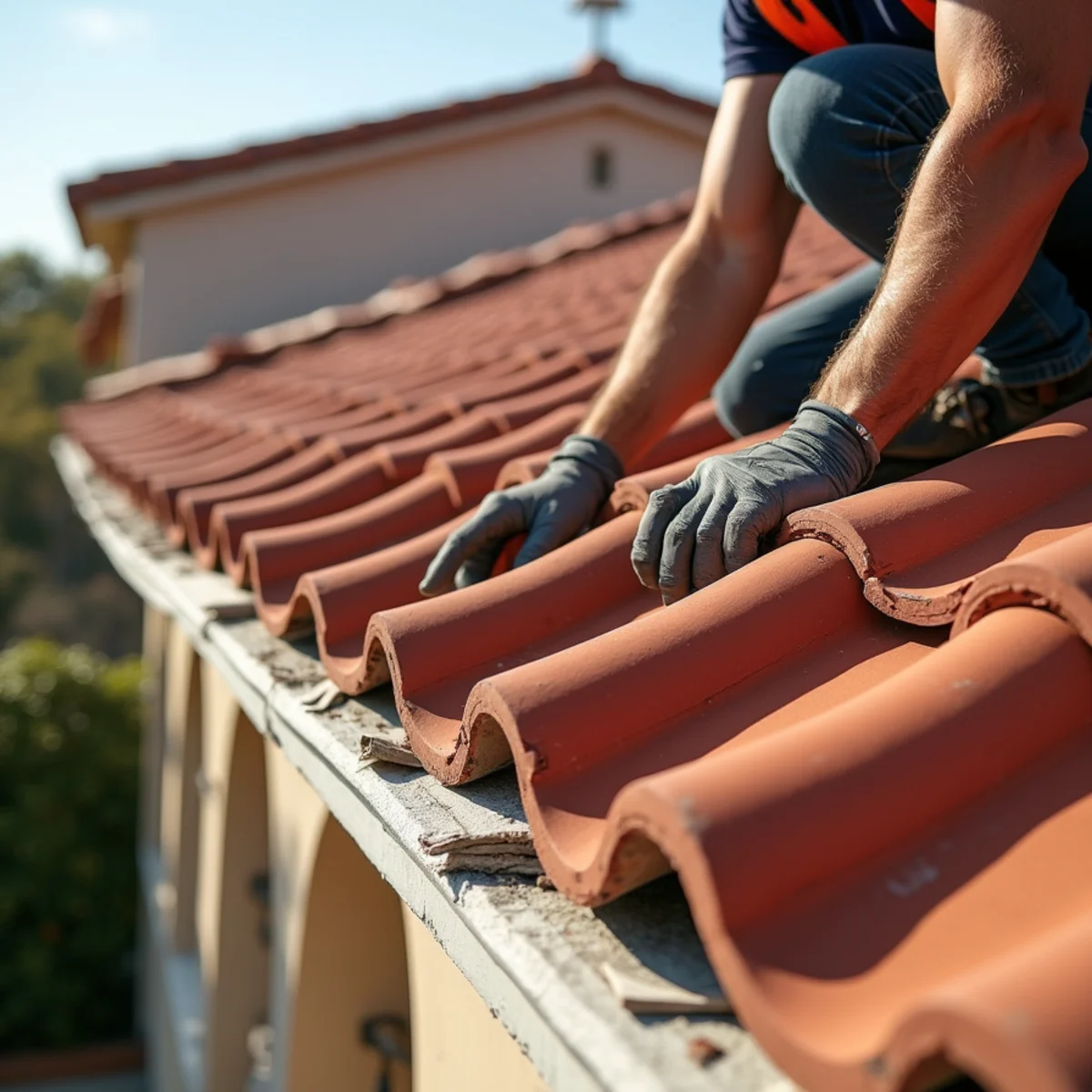 New terracotta barrel tiles being laid over battens on a Mediterranean-style new build.