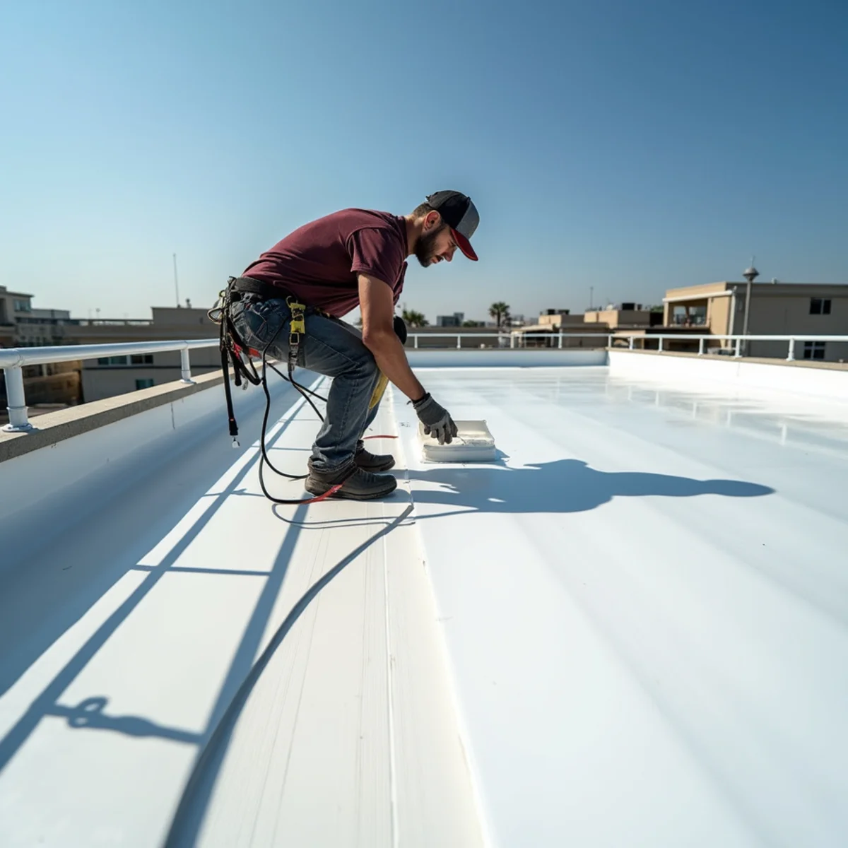 Light-colored single-ply membrane being installed on a modern flat low-slope addition.