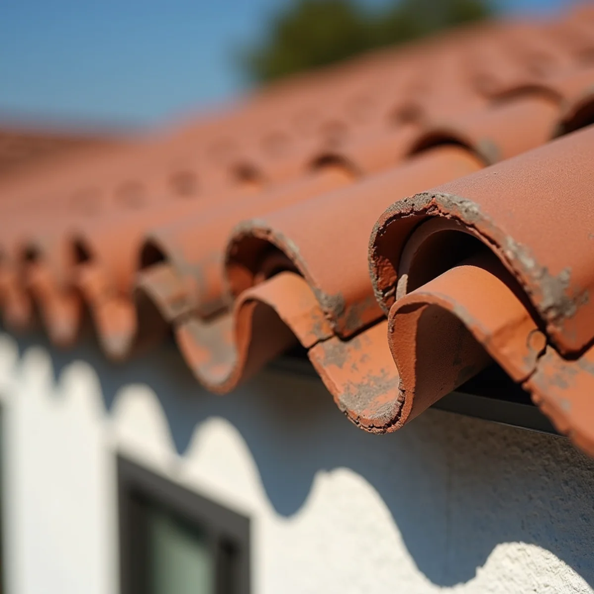 Curved terracotta barrel tile meeting a hip on a white-stucco Mediterranean home.