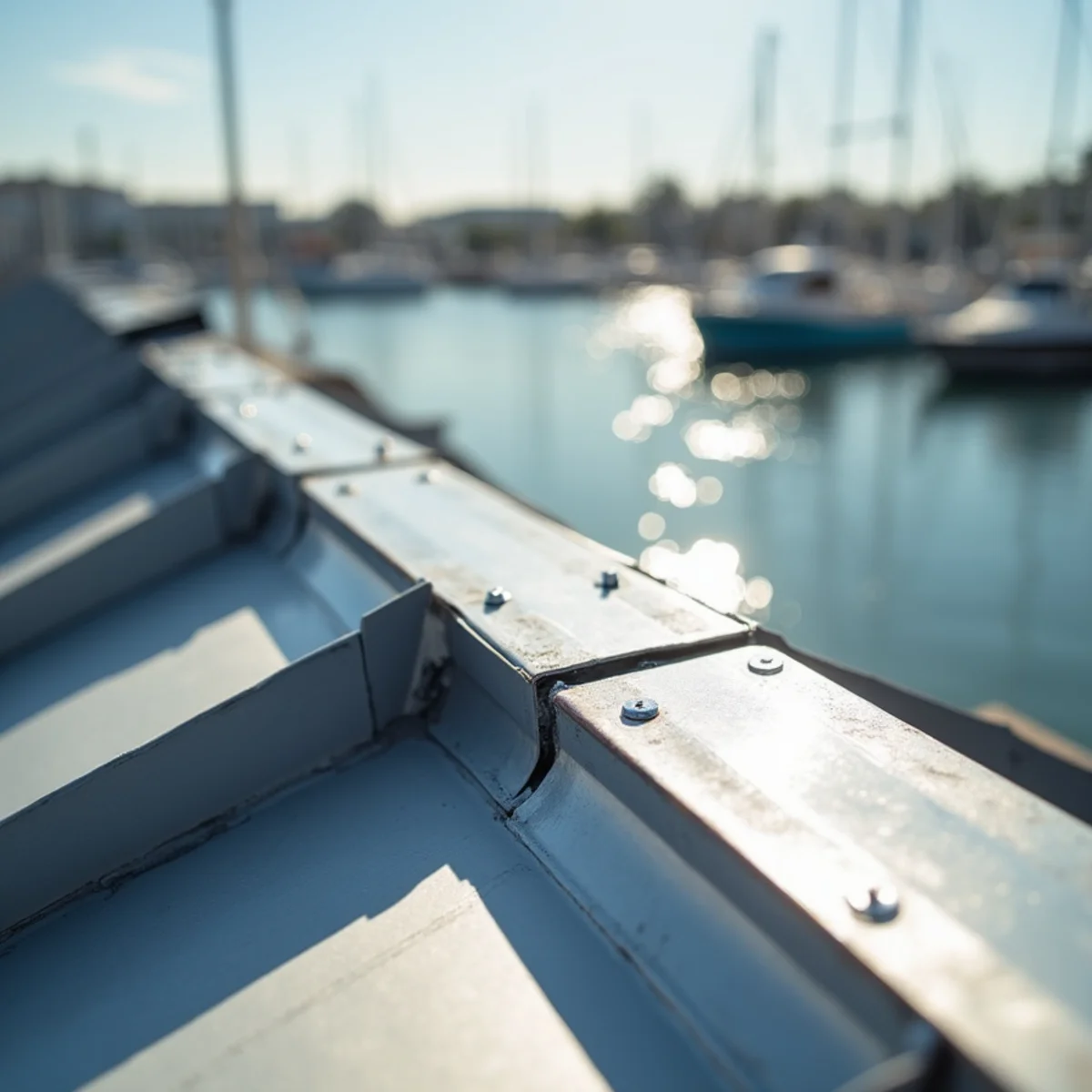 Stainless flashing and sealed fasteners along a harborside metal roof edge.