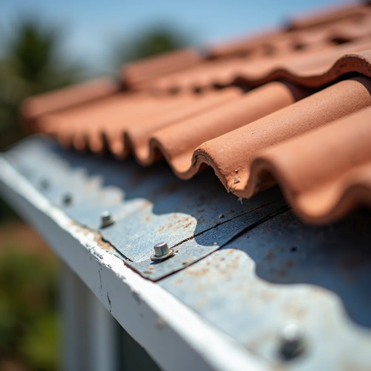 New corrosion-resistant drip-edge flashing along a coastal tile roof eave.