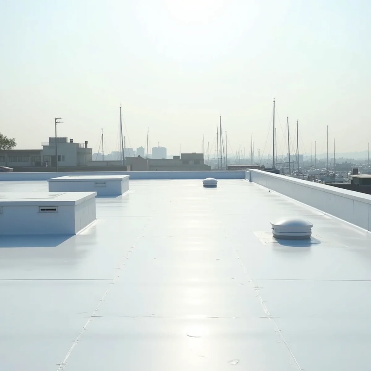 Flat low-slope commercial roof with light membrane near a harbor.