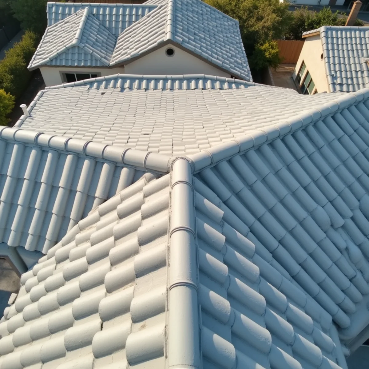 Freshly laid light-gray concrete tile courses on a new stucco home.
