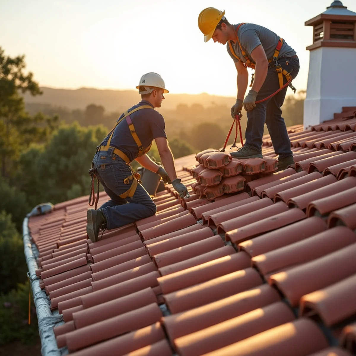 Harnessed workers renewing underlayment beneath clay tiles on an estate roof.