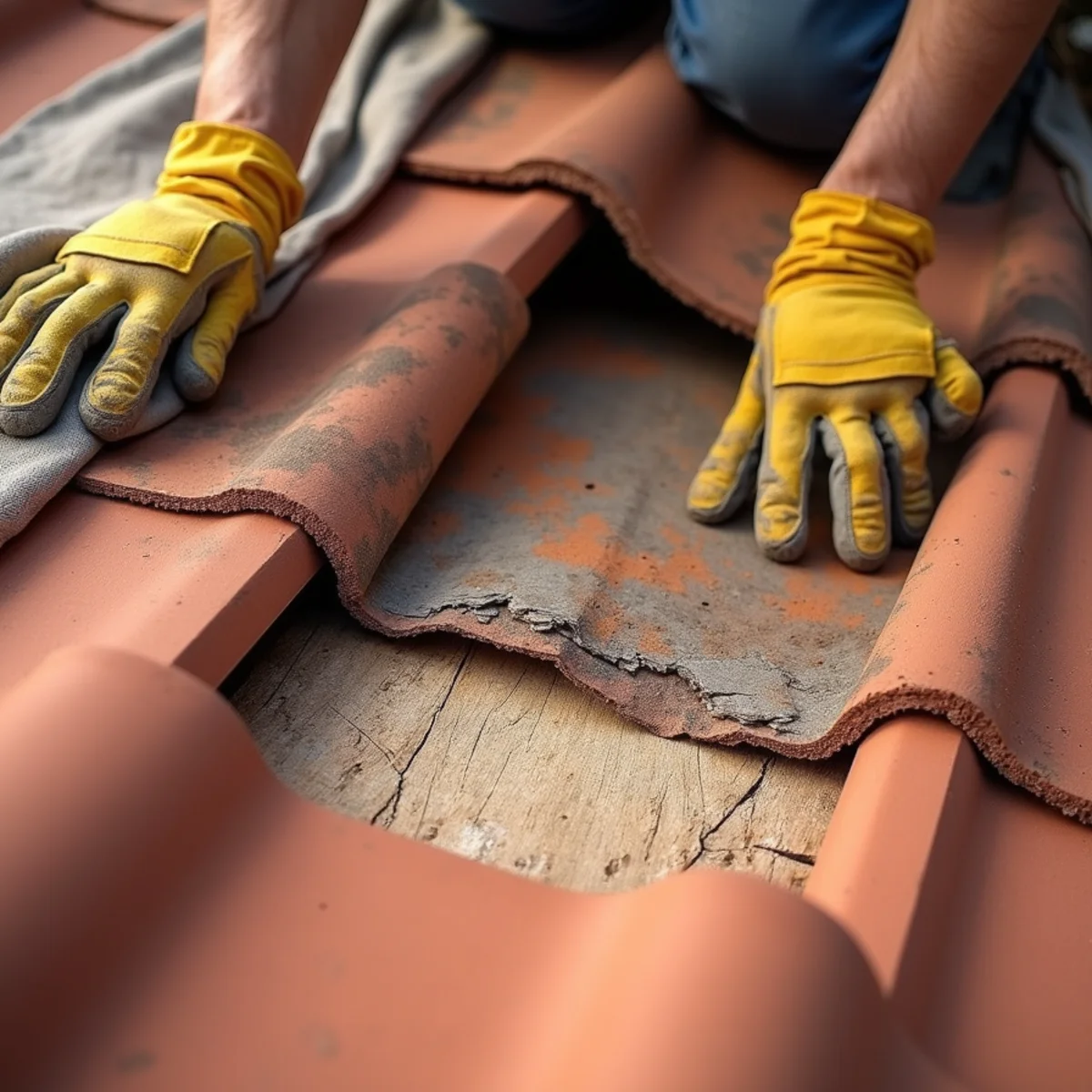 Clay tiles lifted to show fresh underlayment beside torn, water-stained underlayment on decking.