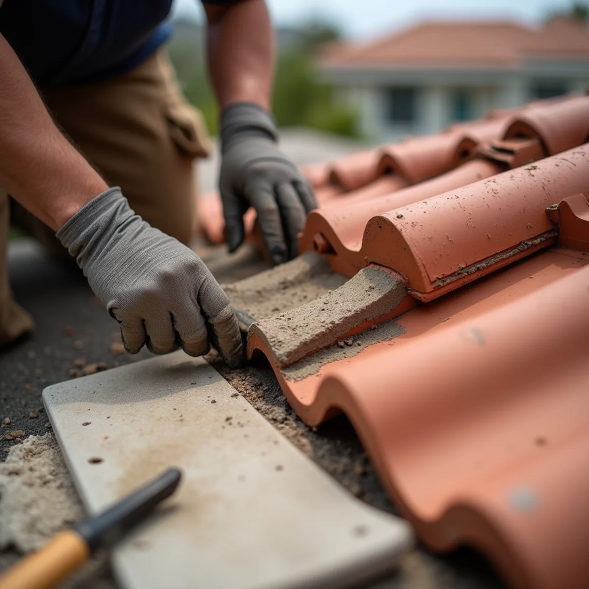 Hands re-bedding a ridge tile in fresh mortar along the crown of a clay tile roof.