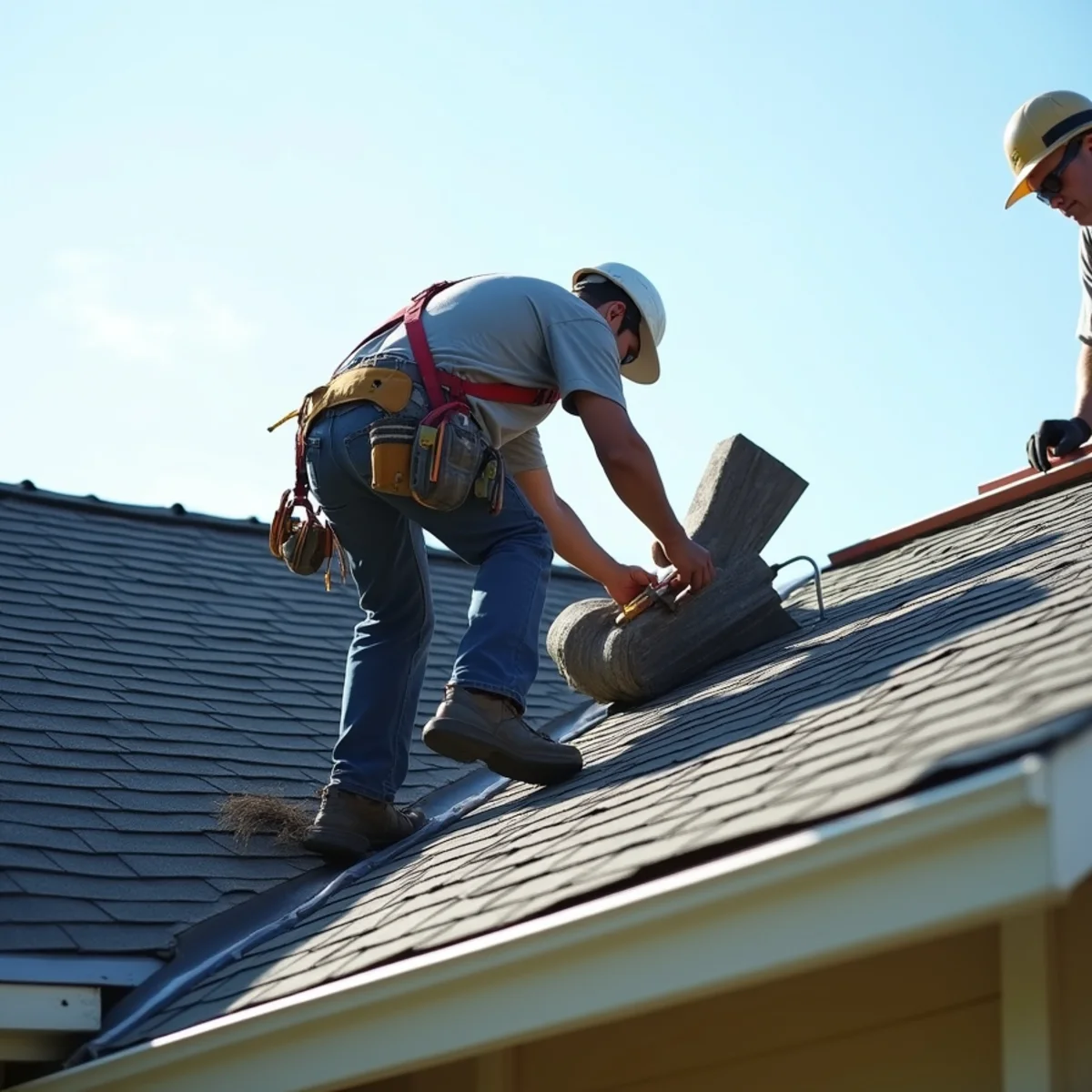 Harnessed roofer nailing architectural asphalt shingles on a traditional single-family home.