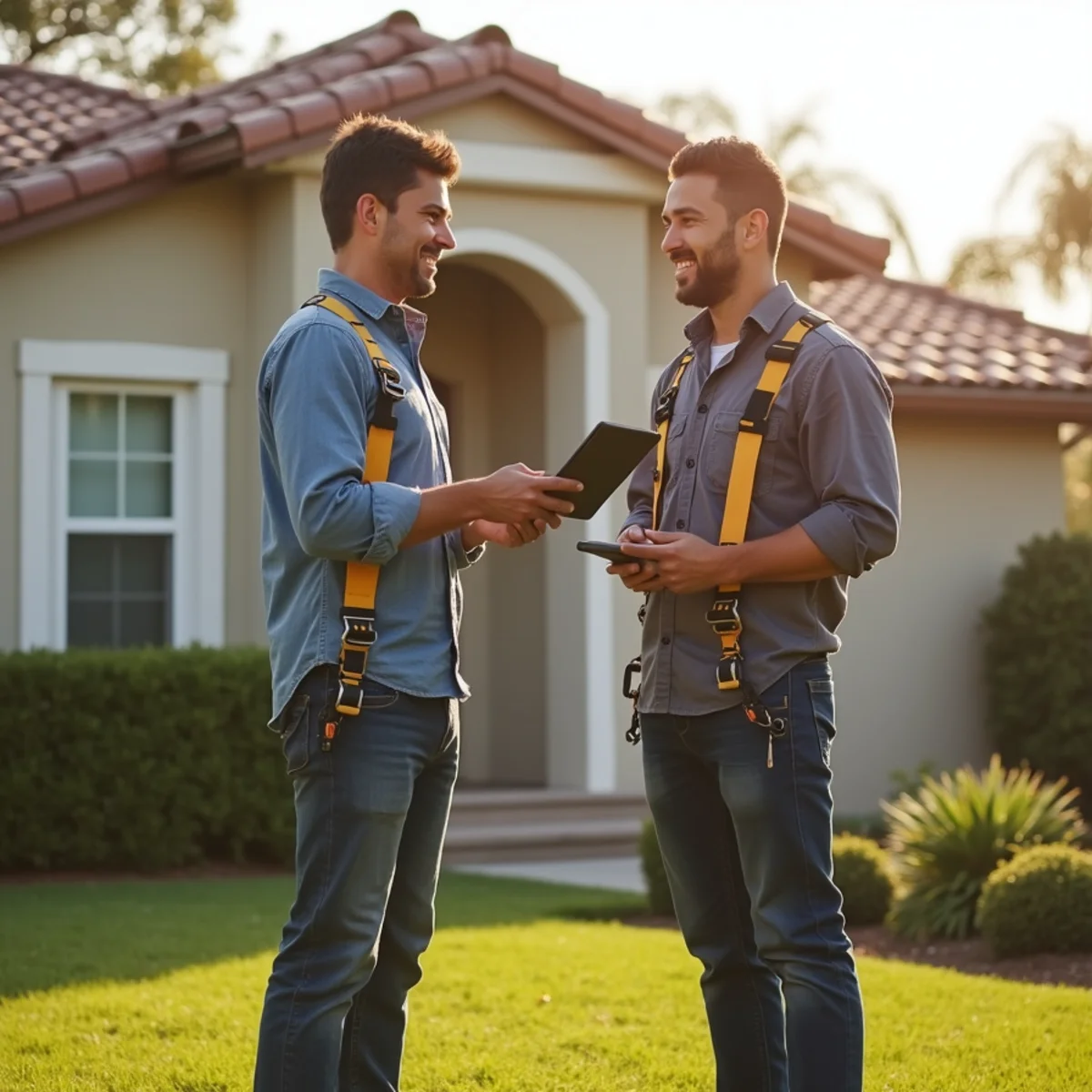 A homeowner and a roofing technician talking in front of a finished coastal home