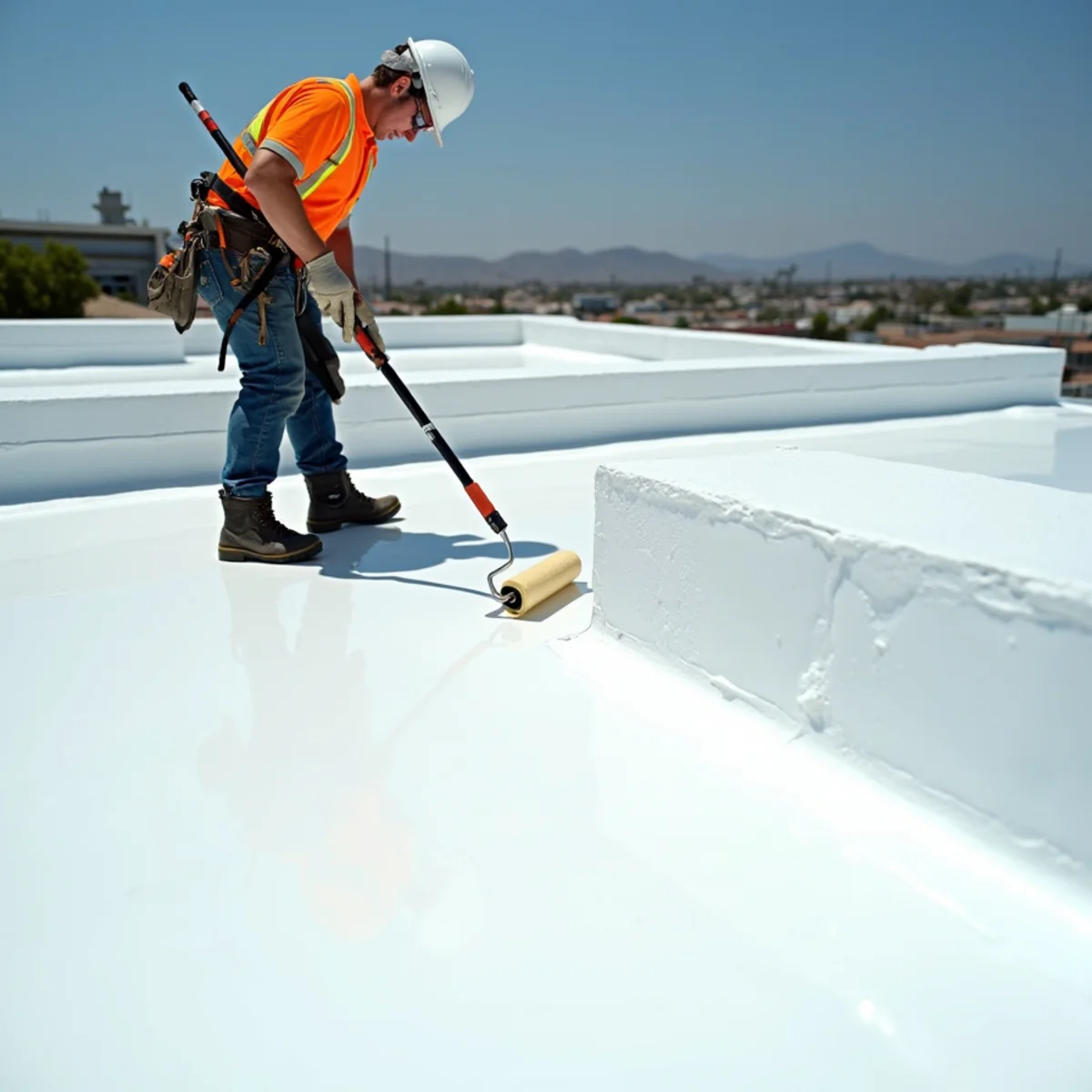 Worker applying white reflective coating with a roller and detailing around a pipe penetration on a low-slope roof.