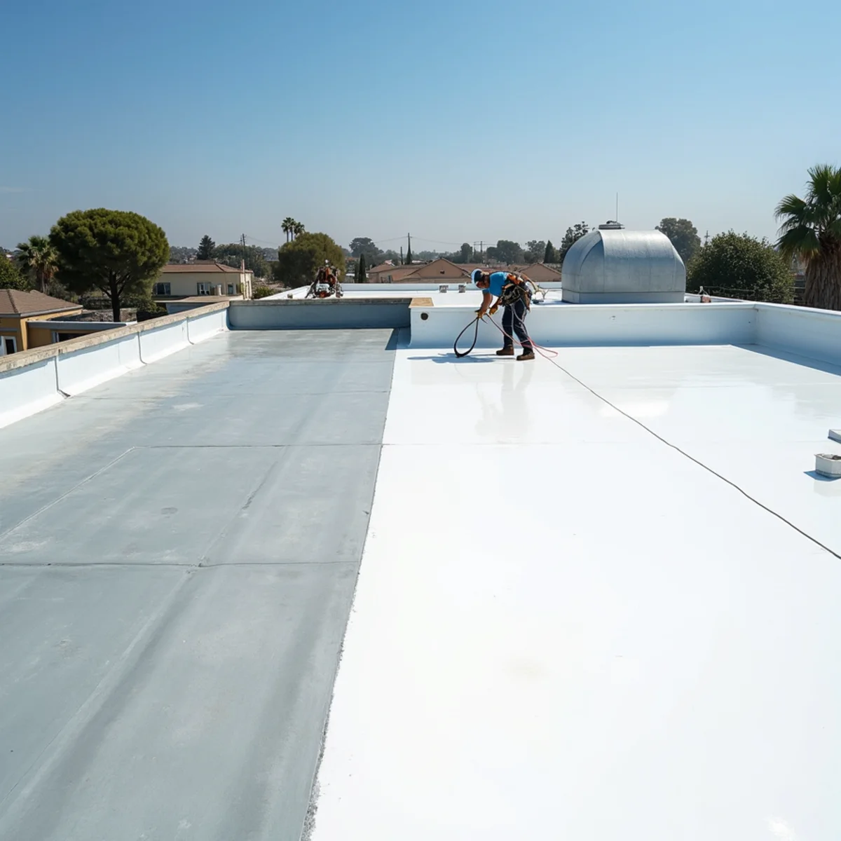 Reflective coating being applied to a low-slope commercial roof.
