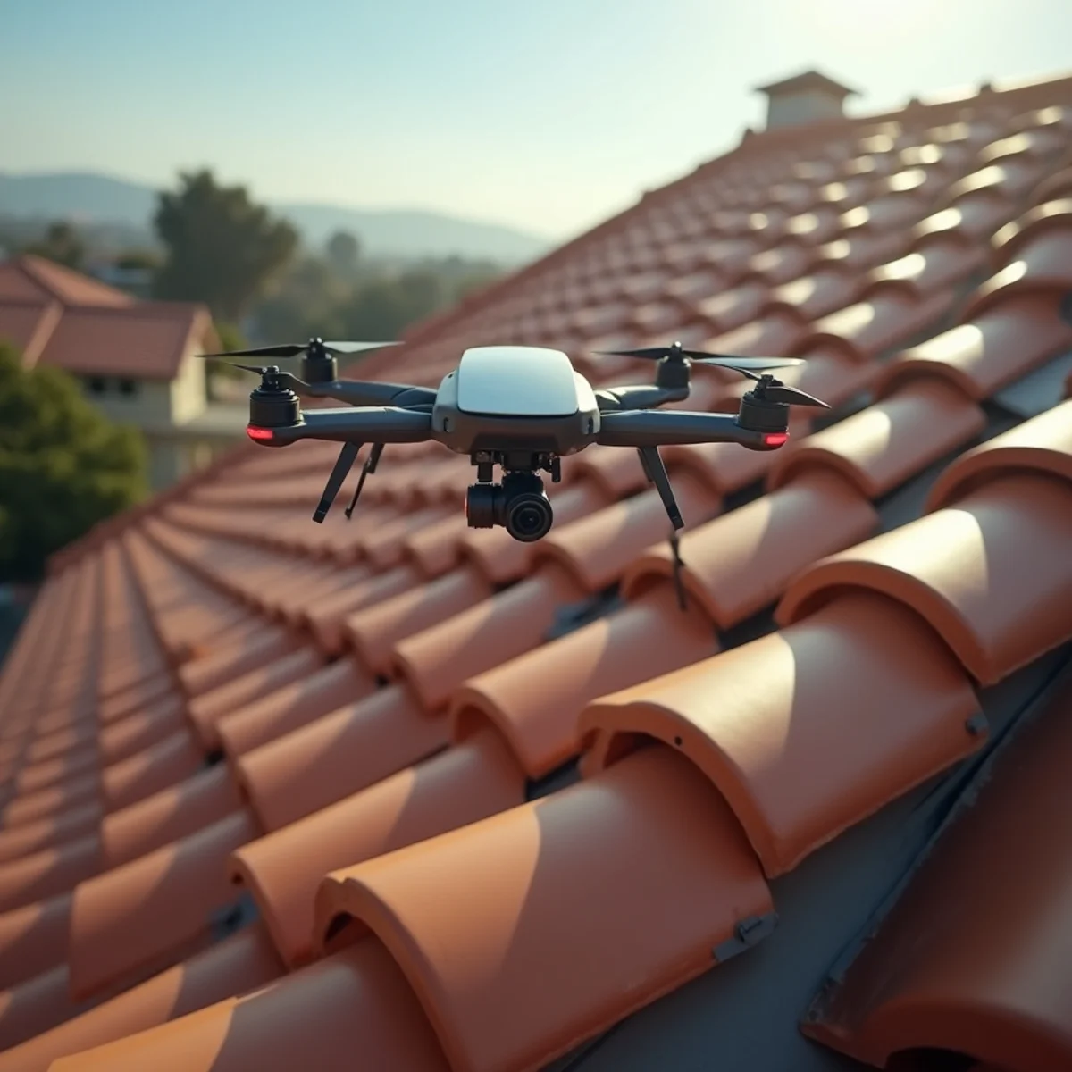 Compact camera drone hovering above a steep tile roof while a ground operator holds the controller.
