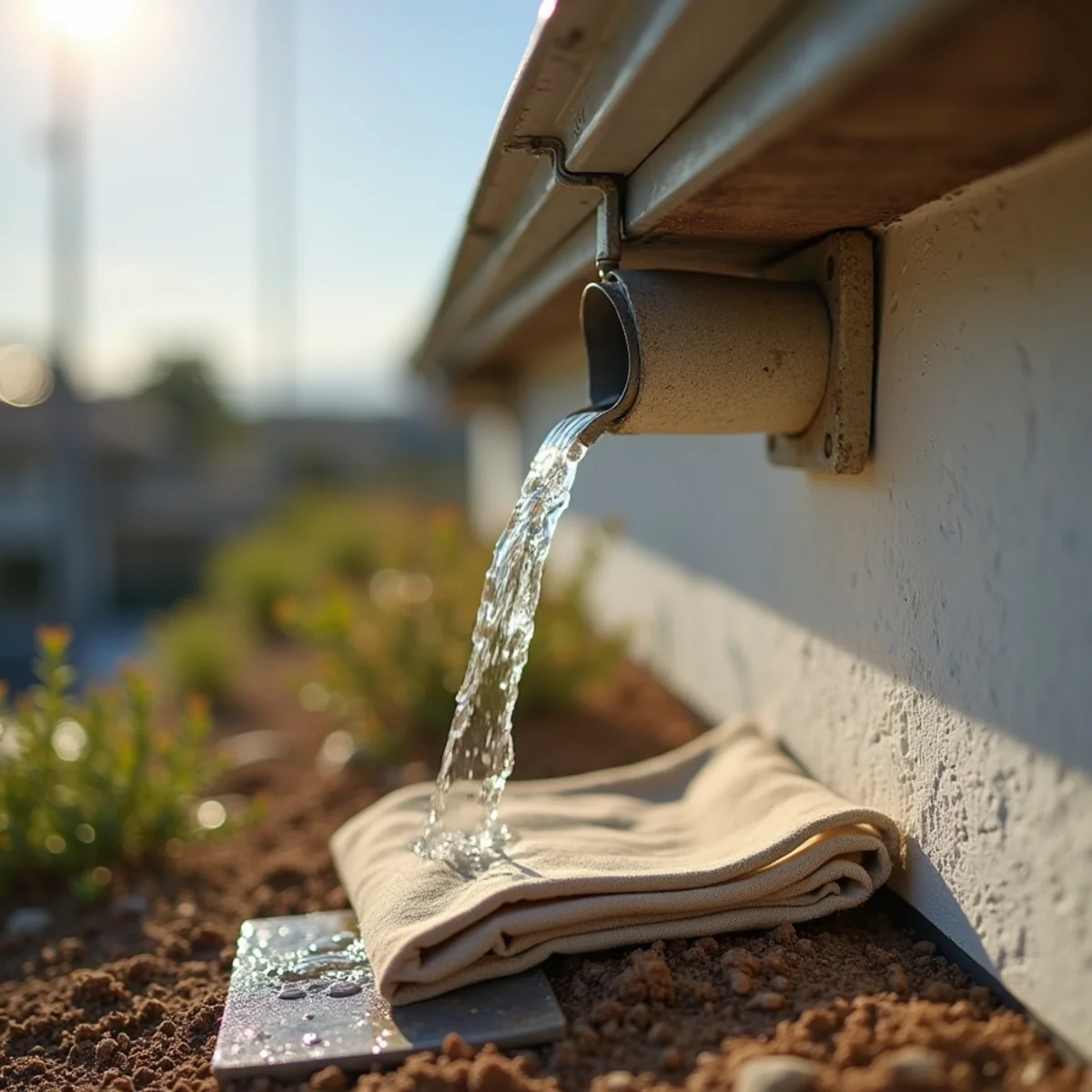 Clean water draining freely from a downspout onto a splash block beside a home.