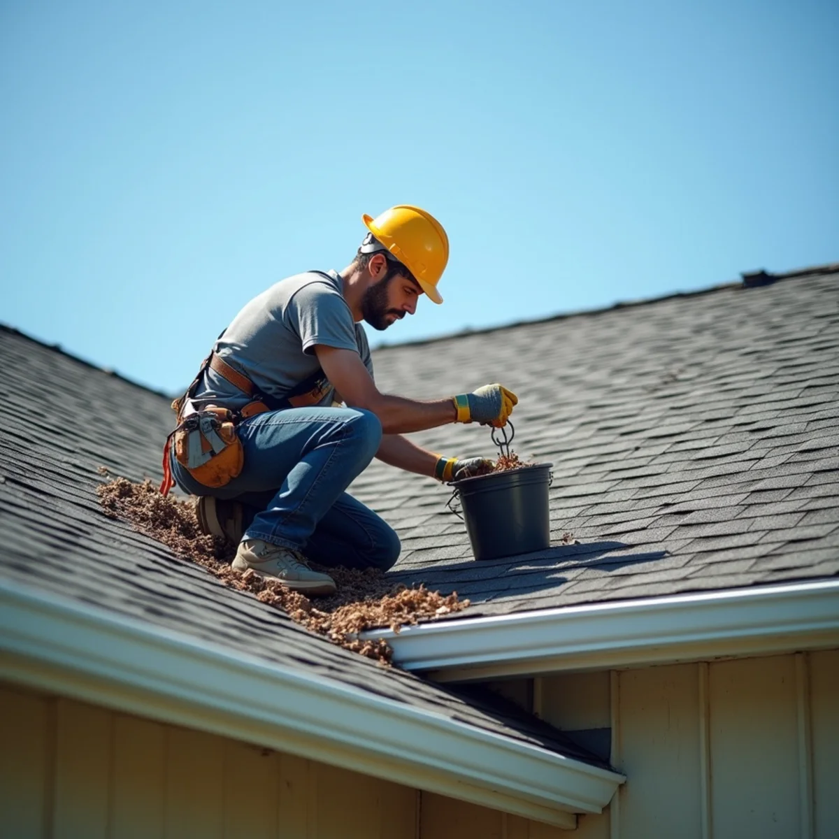 Roof maintenance checklist with gutters and roof in the background.