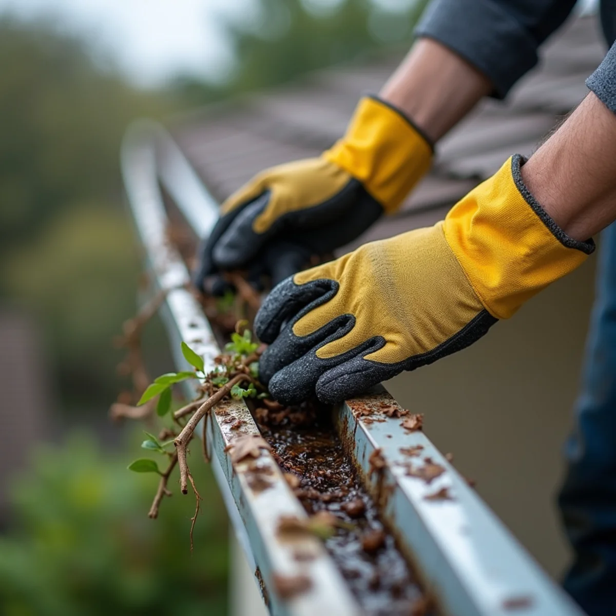 Gloved hands scooping wet leaves and debris from a gutter trough along a roof edge.