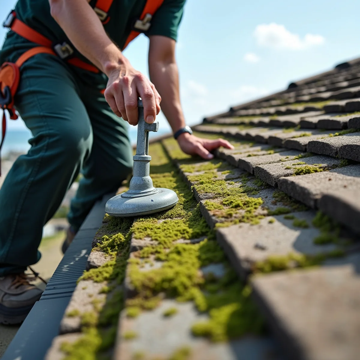 Roofer treating moss and mildew on a shaded north-facing concrete tile roof plane.