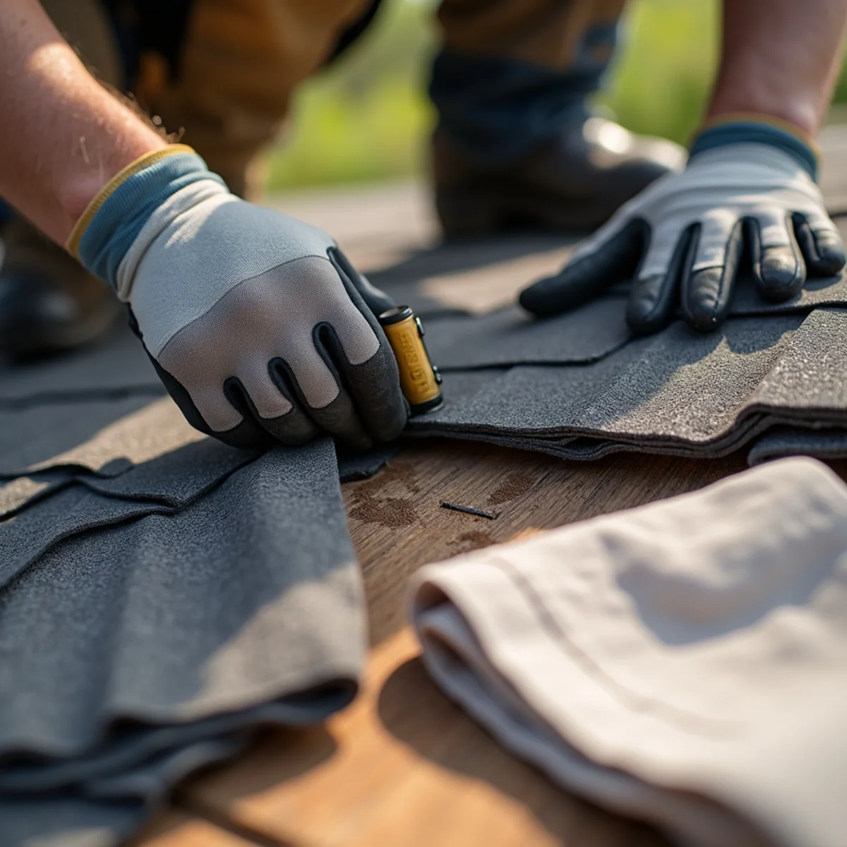 Close-up of hands tracing a water path along damp underlayment and decking beneath lifted shingles.