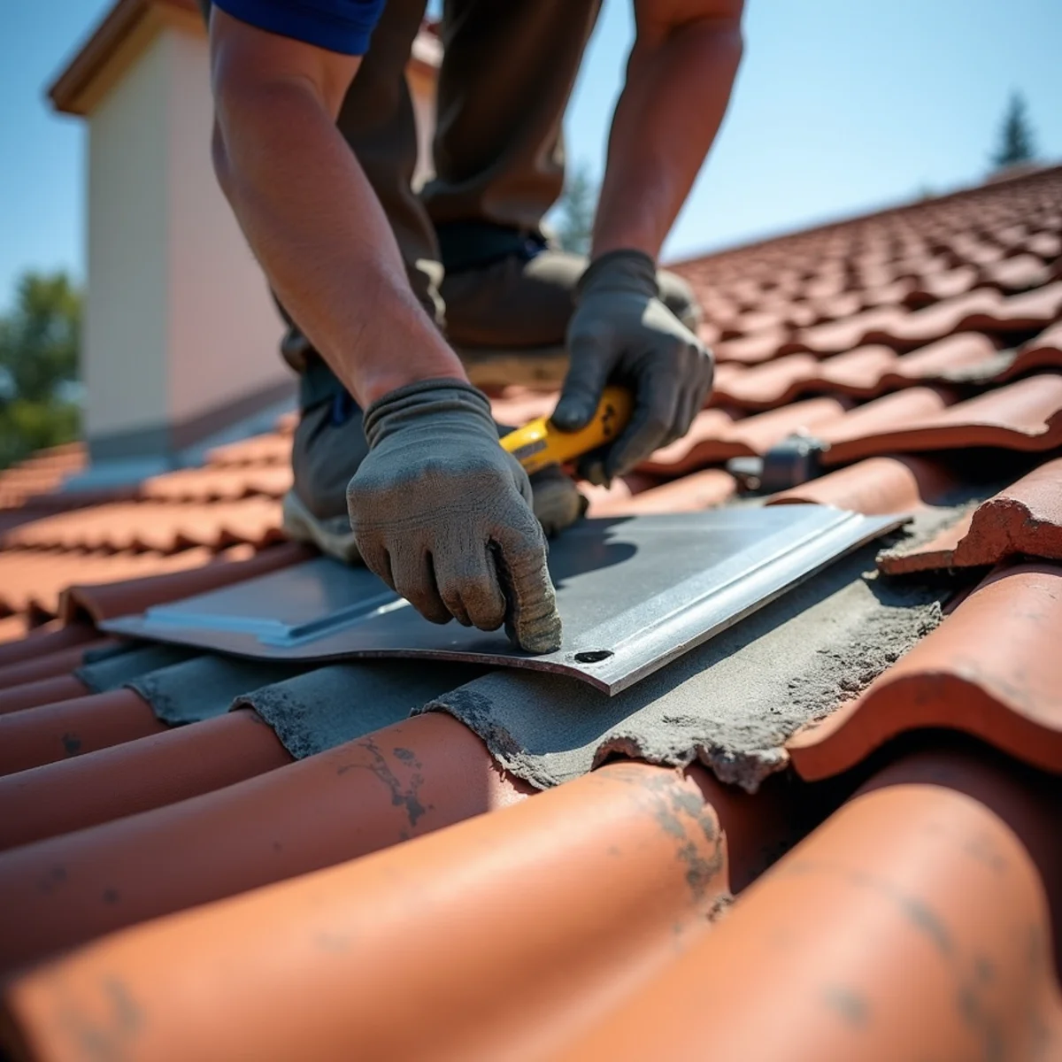 New corrosion-resistant metal step flashing being fitted around a chimney base on a tile roof.